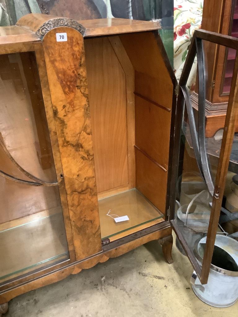 An Art Deco burr walnut display cabinet, width 90cm depth 36cm height 124cm